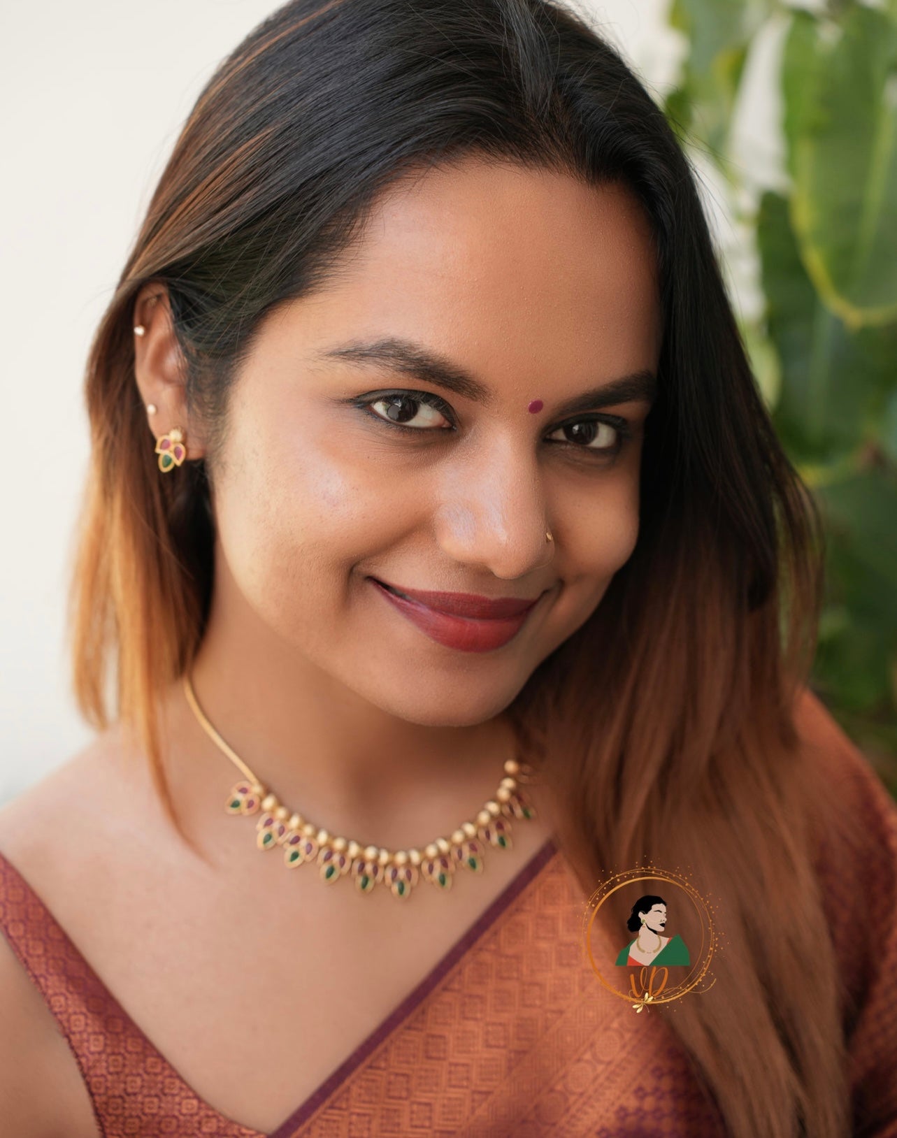 Simple Ruby & Green Stone Leaf Necklace