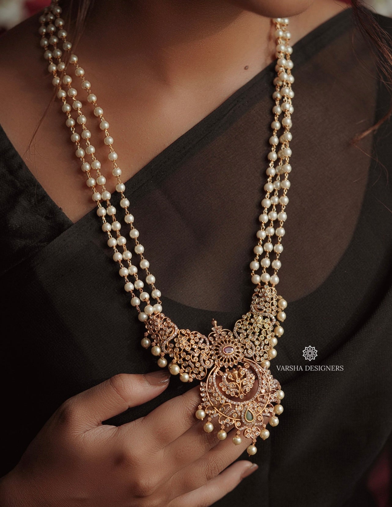 Three Layer Pearl Haram with AD Pendant