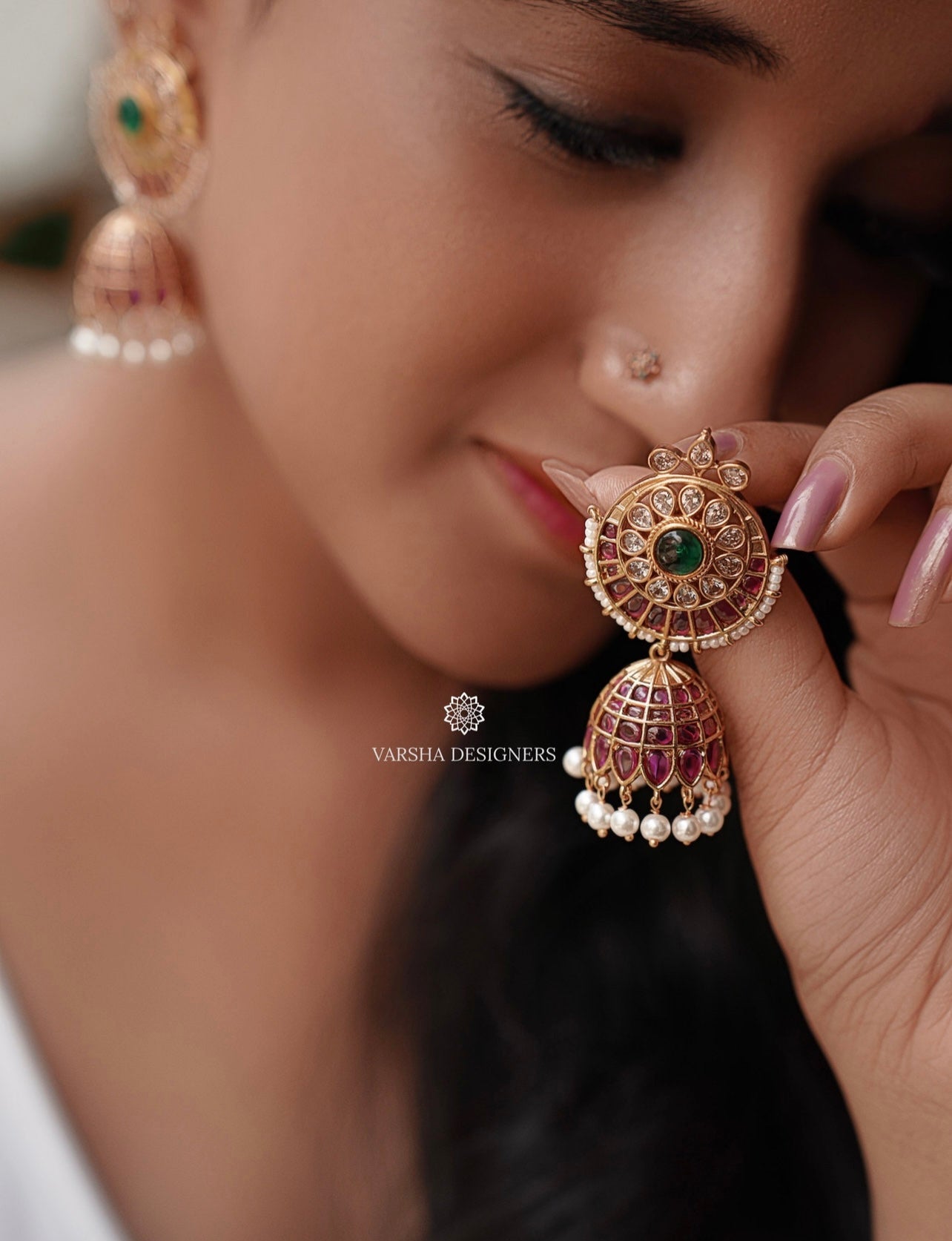 Traditional Kemp Stone Chandbali Jhumkas
