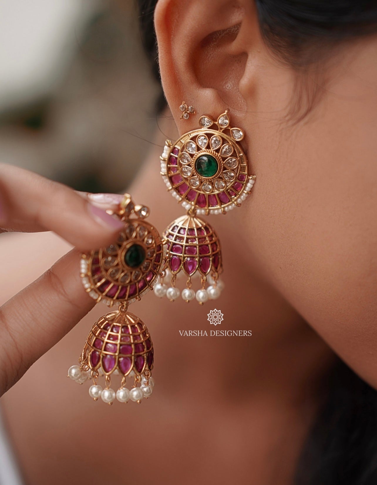 Traditional Kemp Stone Chandbali Jhumkas