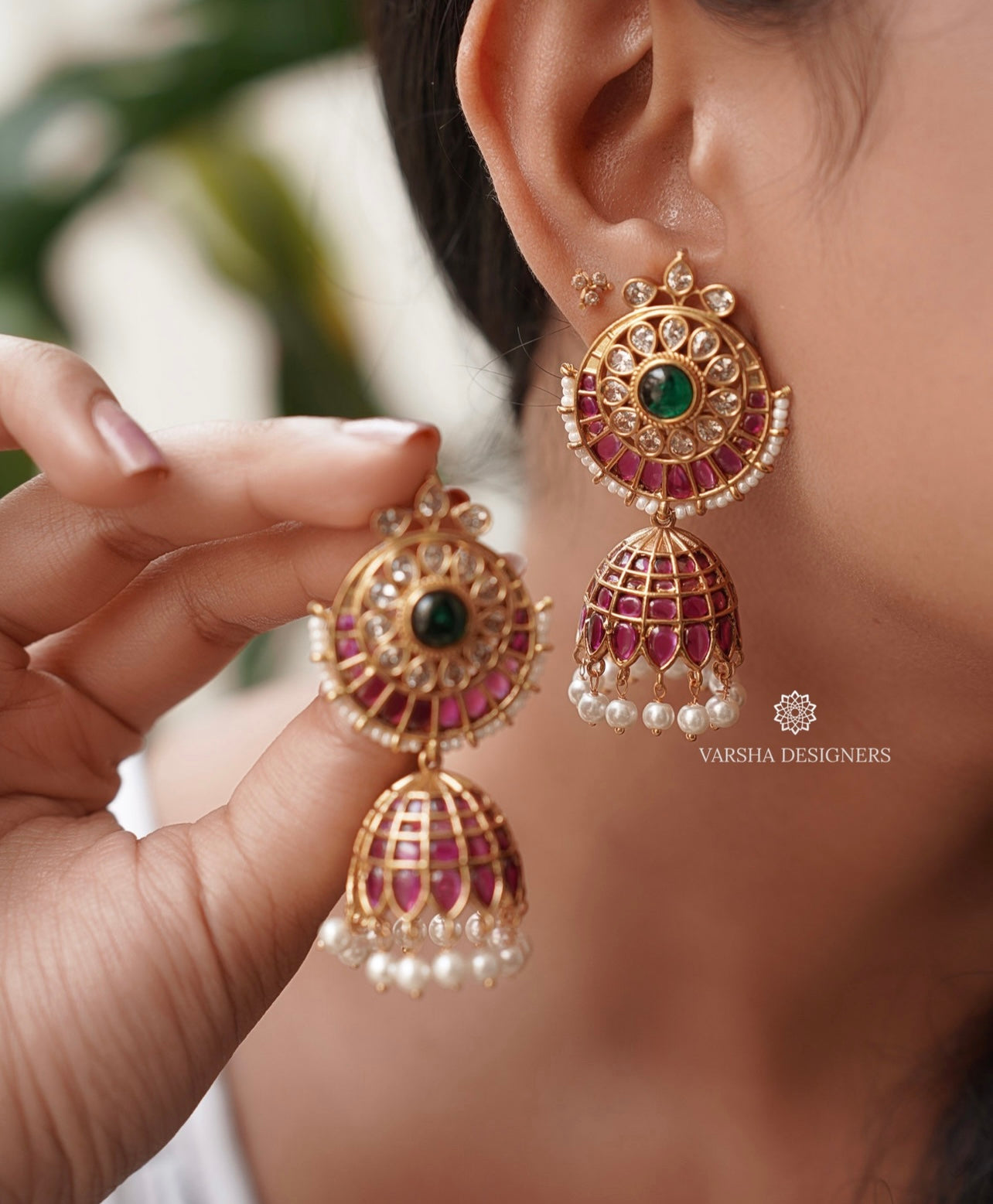 Traditional Kemp Stone Chandbali Jhumkas