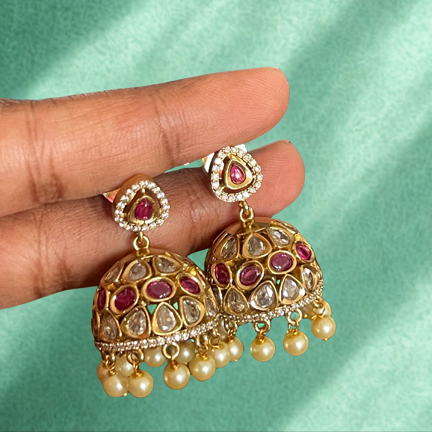 Gold Finish Jadau Stone Jhumkas
