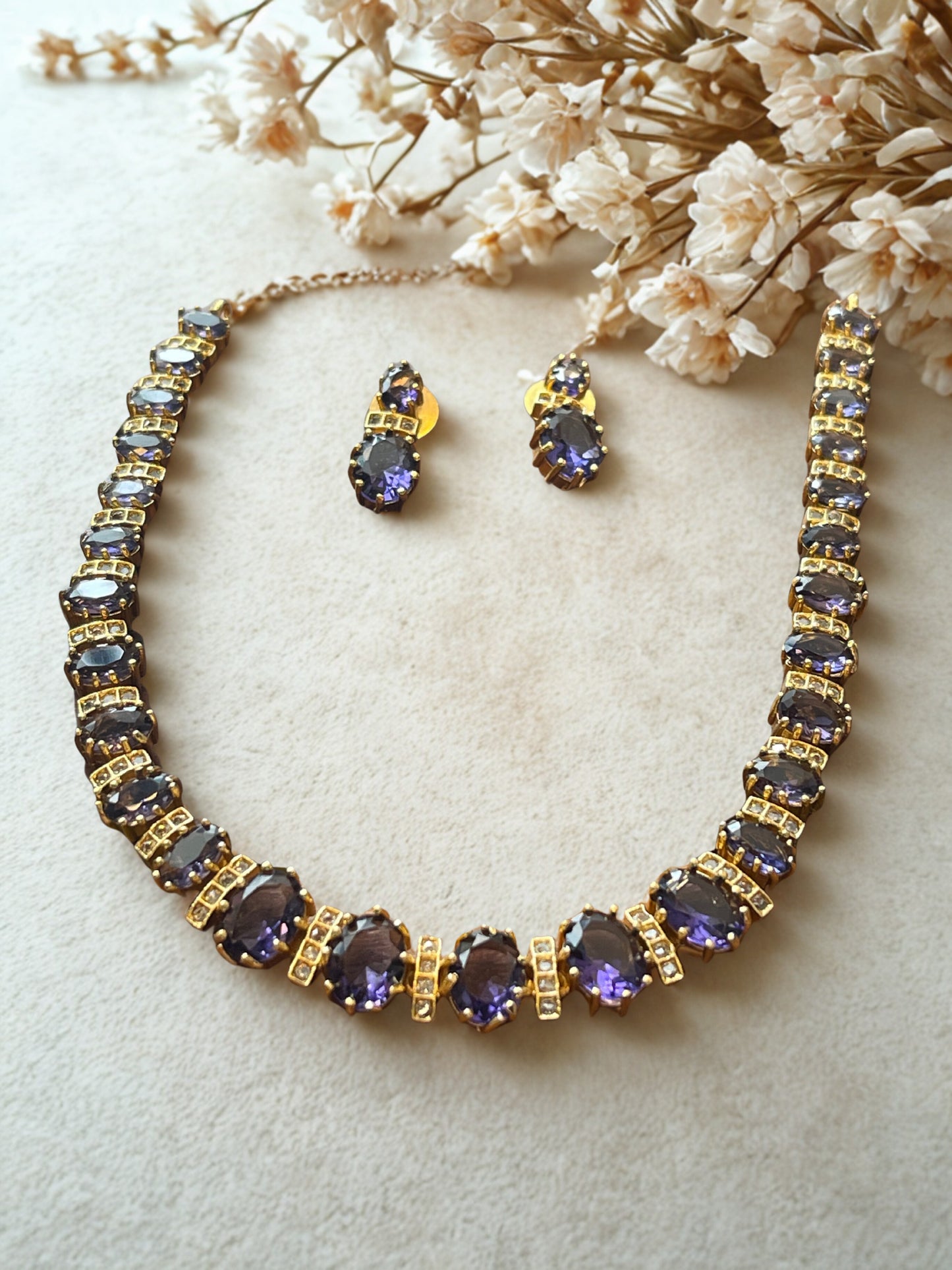 Deep Lavender & White Stone Necklace Set