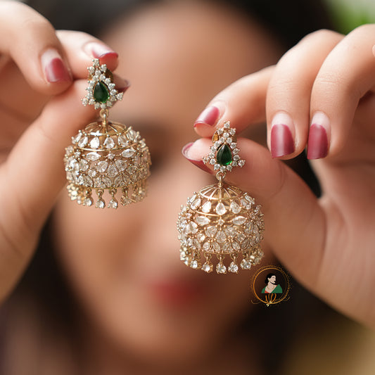 Emerald & White Stone Zircon Jhumka