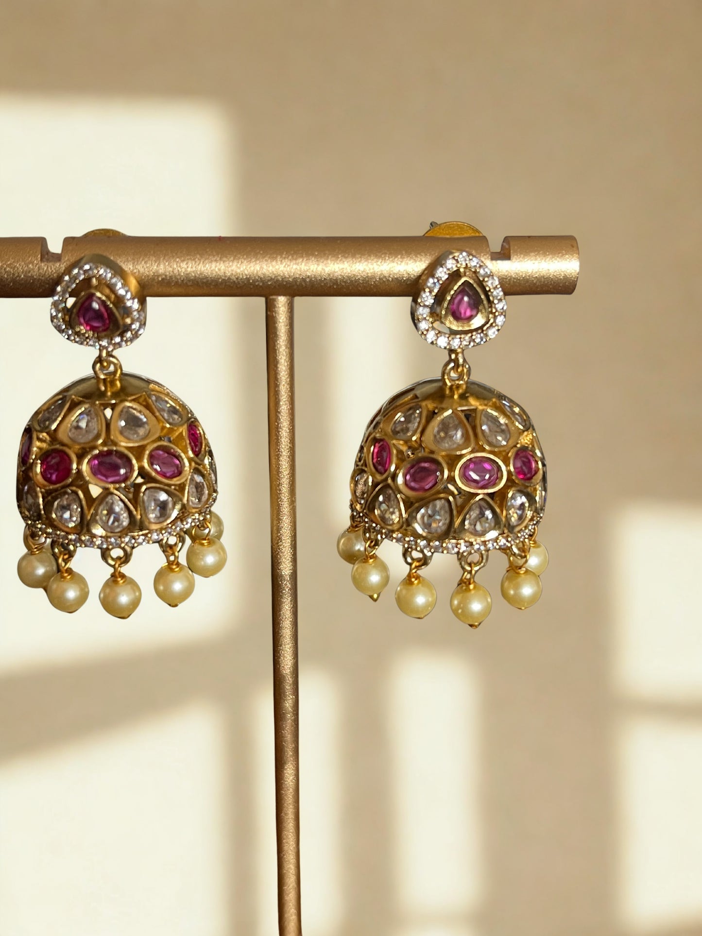 Gold Finish Jadau Stone Jhumkas