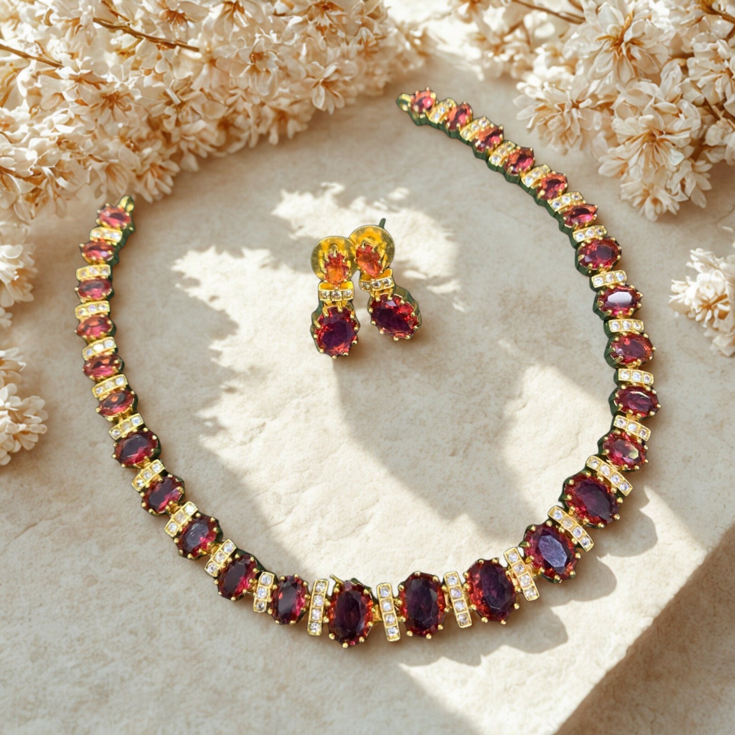 Ruby & White Stone Necklace Set