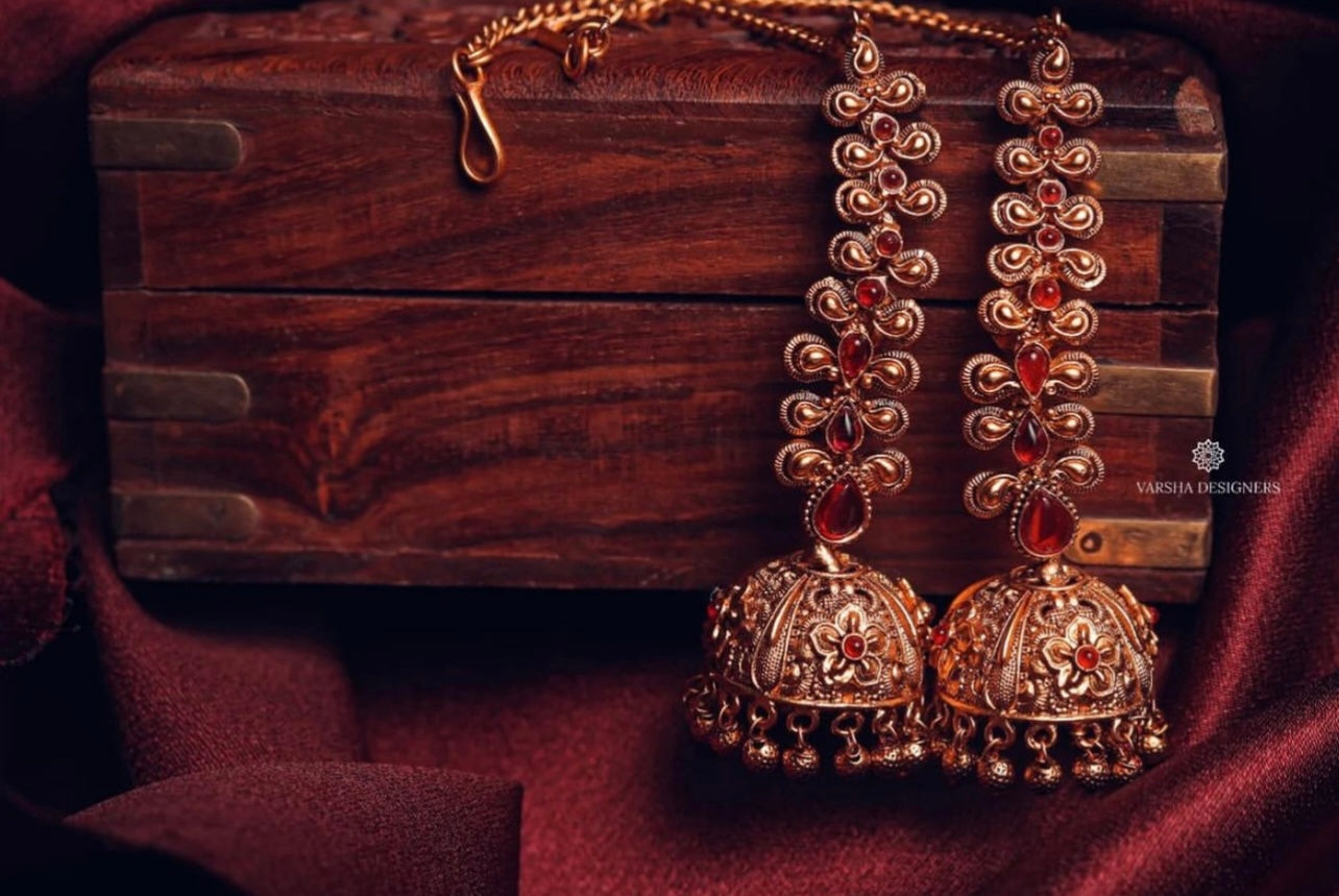 Antique Finish Ruby Jhumkas with Matil – Varsha Designers