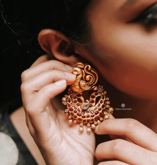 Antique Ruby Peacock Chaandbali Earrings