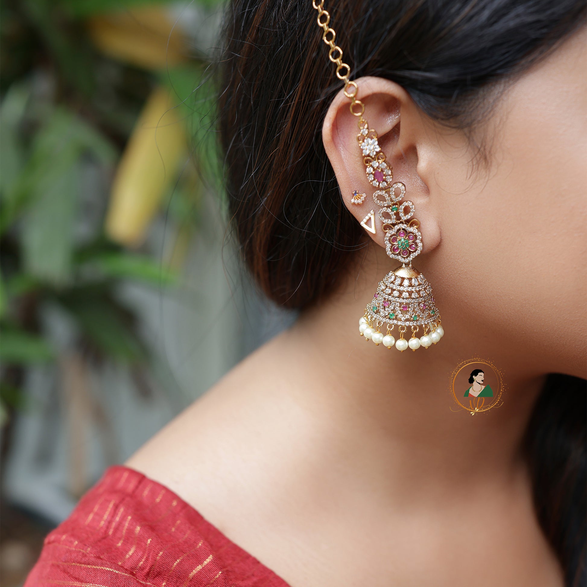Bridal Earrings Jhumka With Ear Chain Gold Bridal Stone Jhumkas