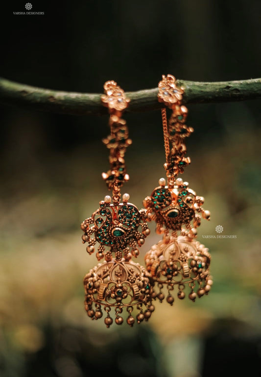Emerald Stone Jhumkas with Ear Chains