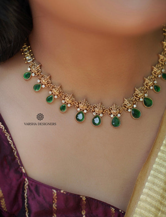 Emerald Teardrop Lakshmi Necklace Set