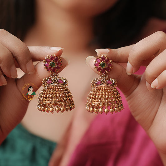 Floral Antique Finish Kemp Jhumkas