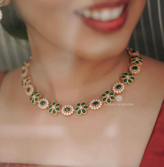 Floral Green & White Stone Necklace