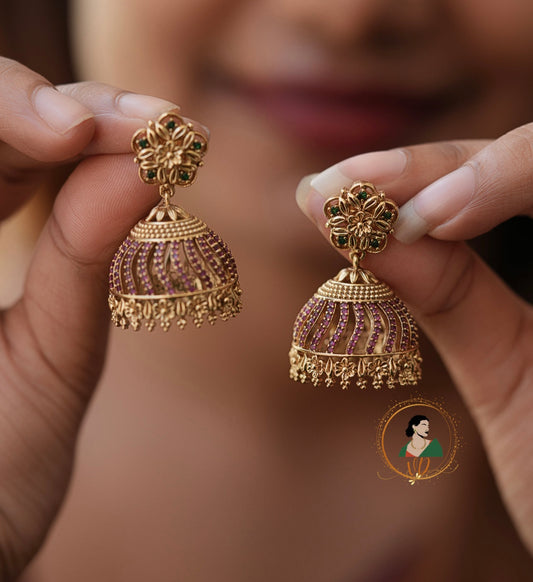Floral Ruby Stone Jhumkas