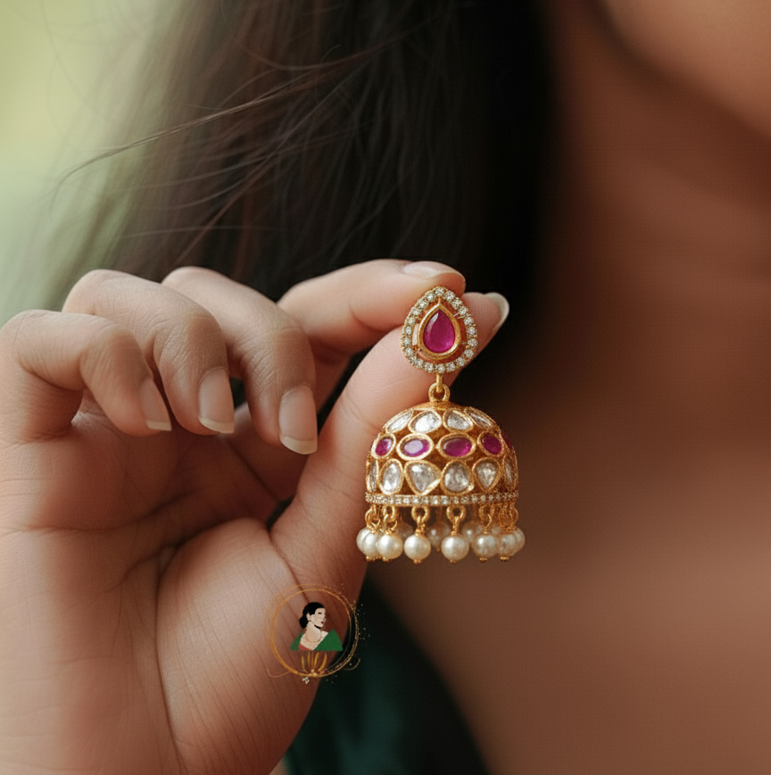 Gold Finish Jadau Stone Jhumkas