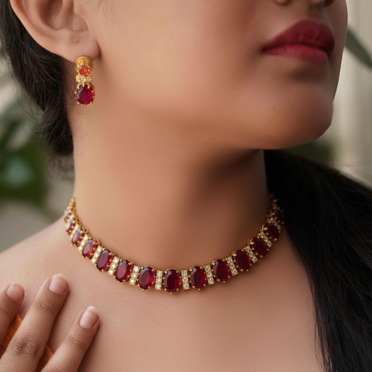 Ruby & White Stone Necklace Set