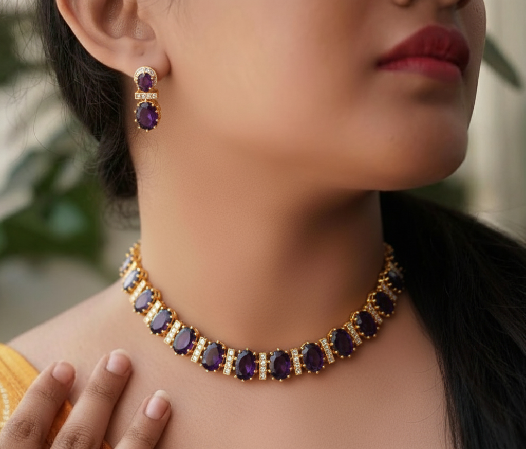 Deep Lavender & White Stone Necklace Set