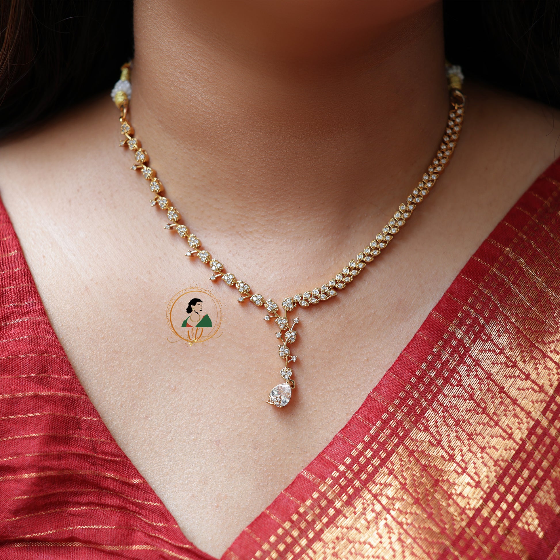 Gold Finish Diamond Look White Stone Necklace - Main Image