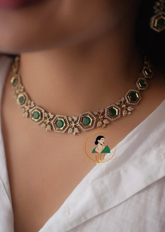 Gold Finish Emerald Stone Choker Set