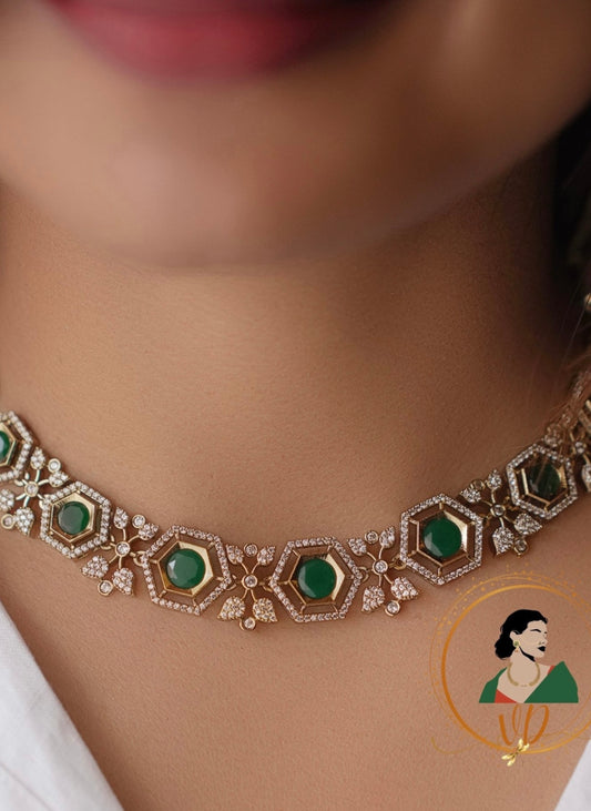 Gold Finish Emerald Stone Necklace Set