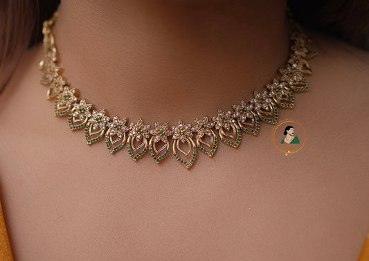 Gold Finish Green and White Stone Necklace