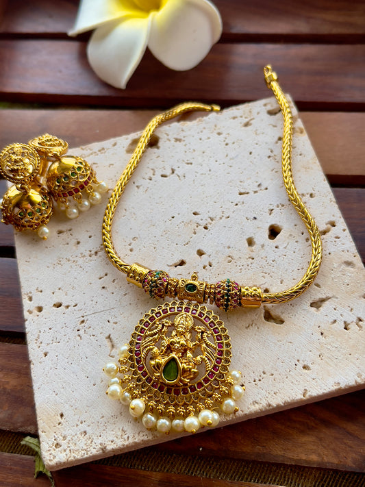 Gold Finish Lakshmi Pendant Necklace