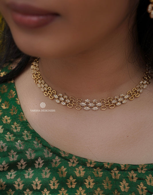 Gold Finish White Stone Grid Necklace Set