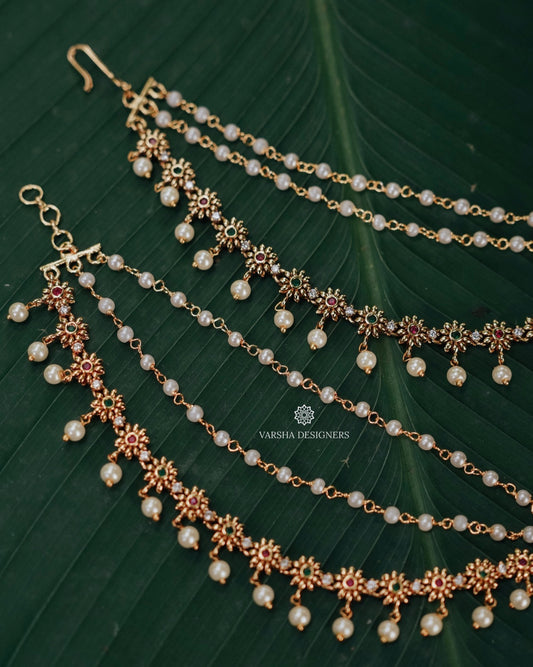 Gold Look Floral Pearl Earchains