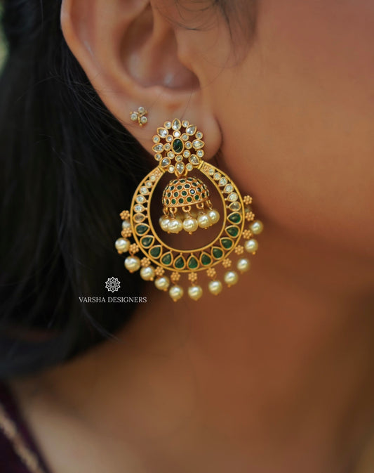 Green and White Stone Chaandbaali Earrings