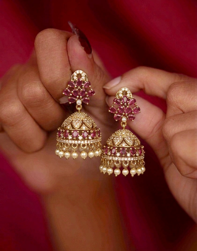 Ruby and white stone jhumka