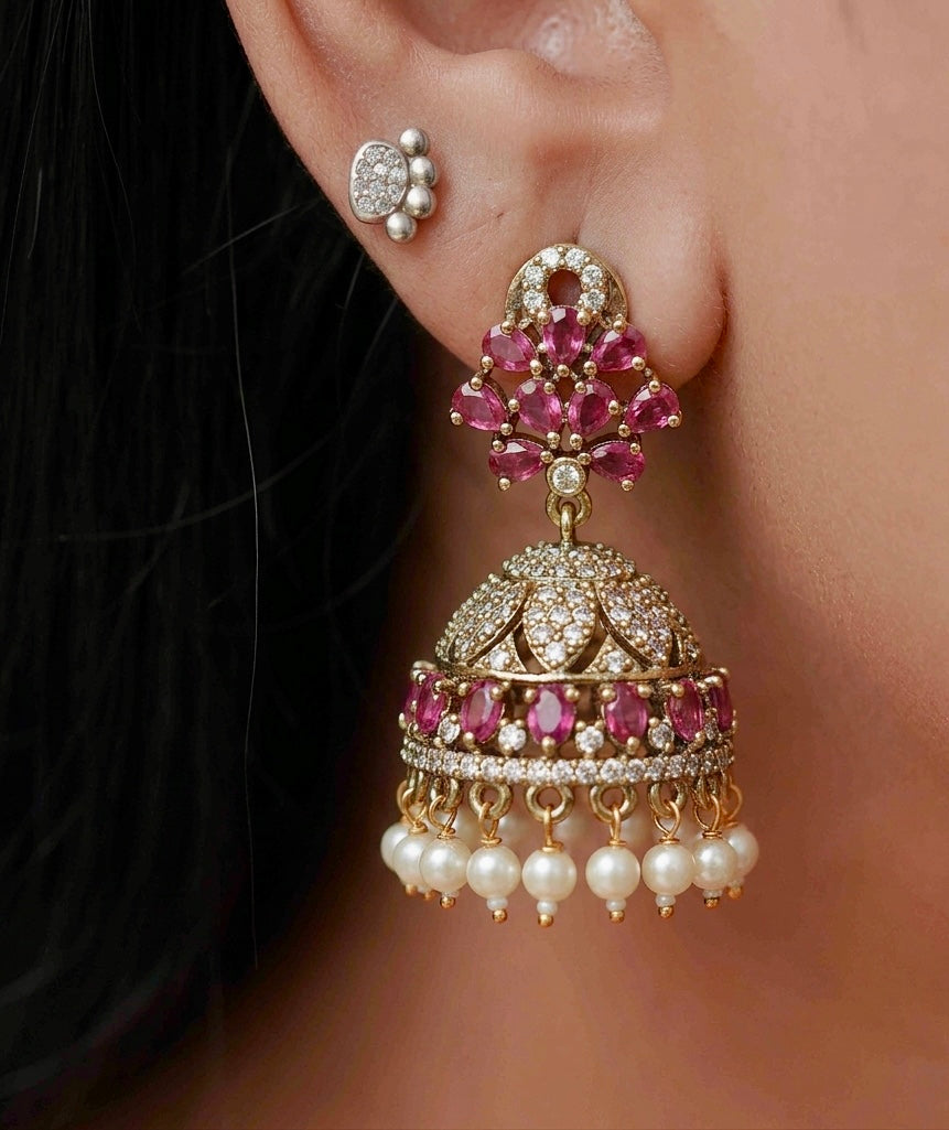 Ruby and white stone jhumka