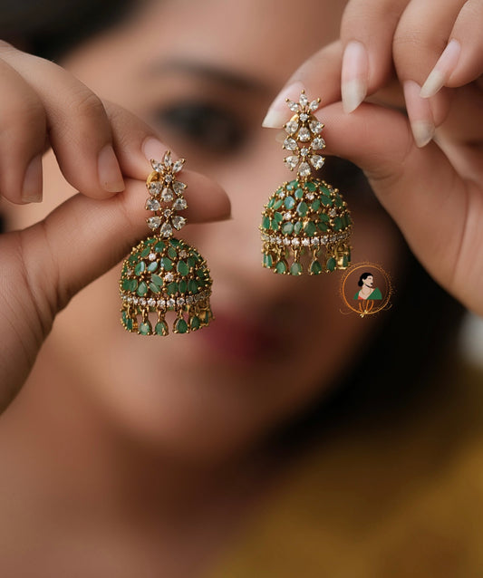 Emerald & White Zircon Stone Jhumka
