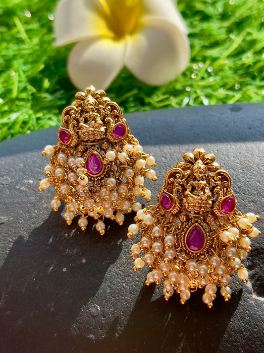 Cluster Pearl Ruby Earrings