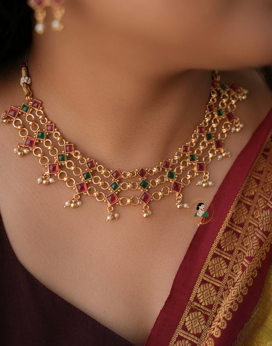 Layered Ruby & Green Stone Necklace Set