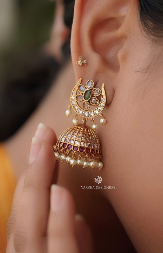 Light Weight Half Moon Stone Jhumkas