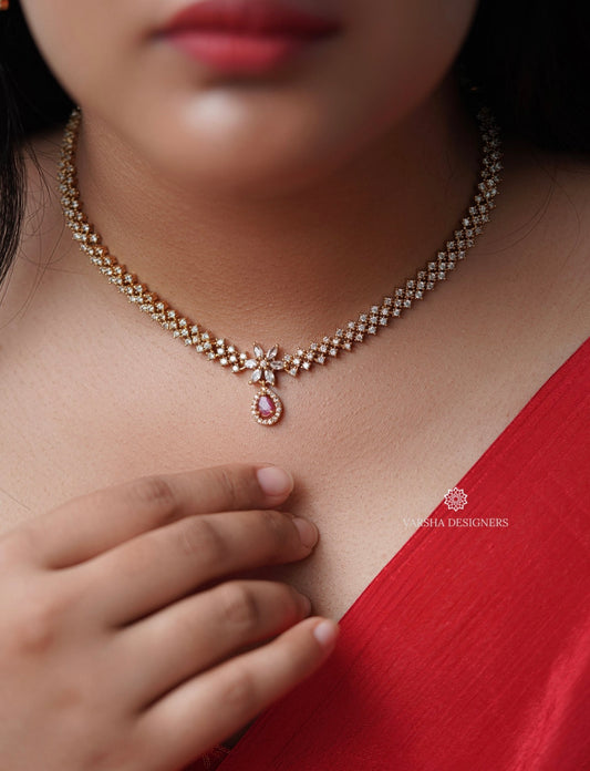 Luscious Ruby Teardrop White Stone Necklace