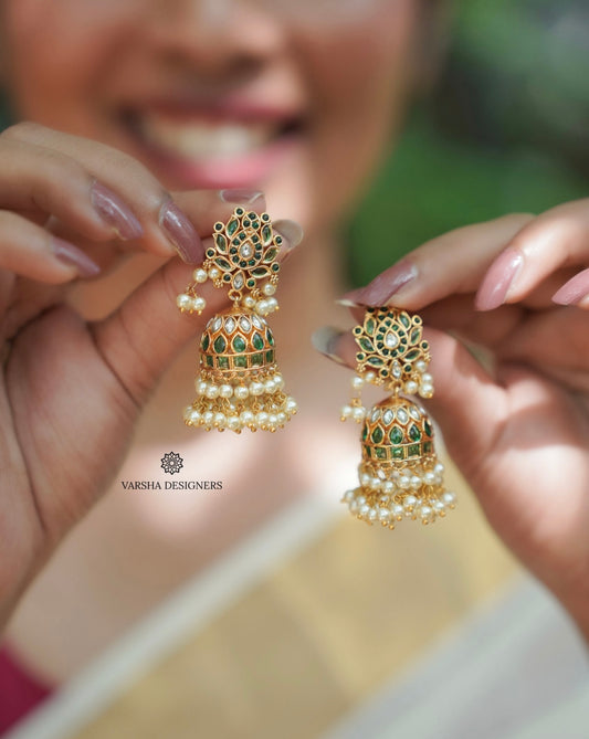 Matte Finish Emerald Kemp Jhumkas