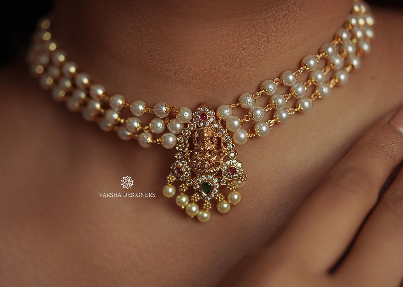 Matte Finish Lakshmi Pendant Pearl Choker