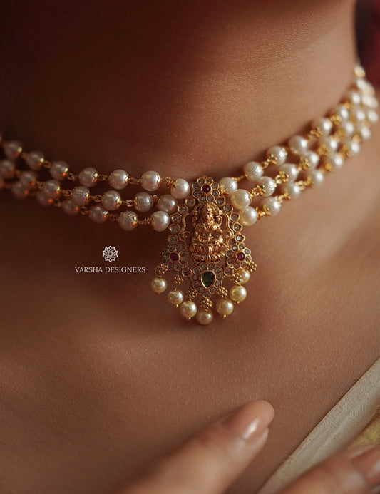 Matte Finish Lakshmi Pendant Pearl Choker