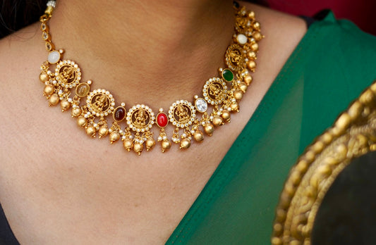 Matte Finish Navratan Temple Necklace Set
