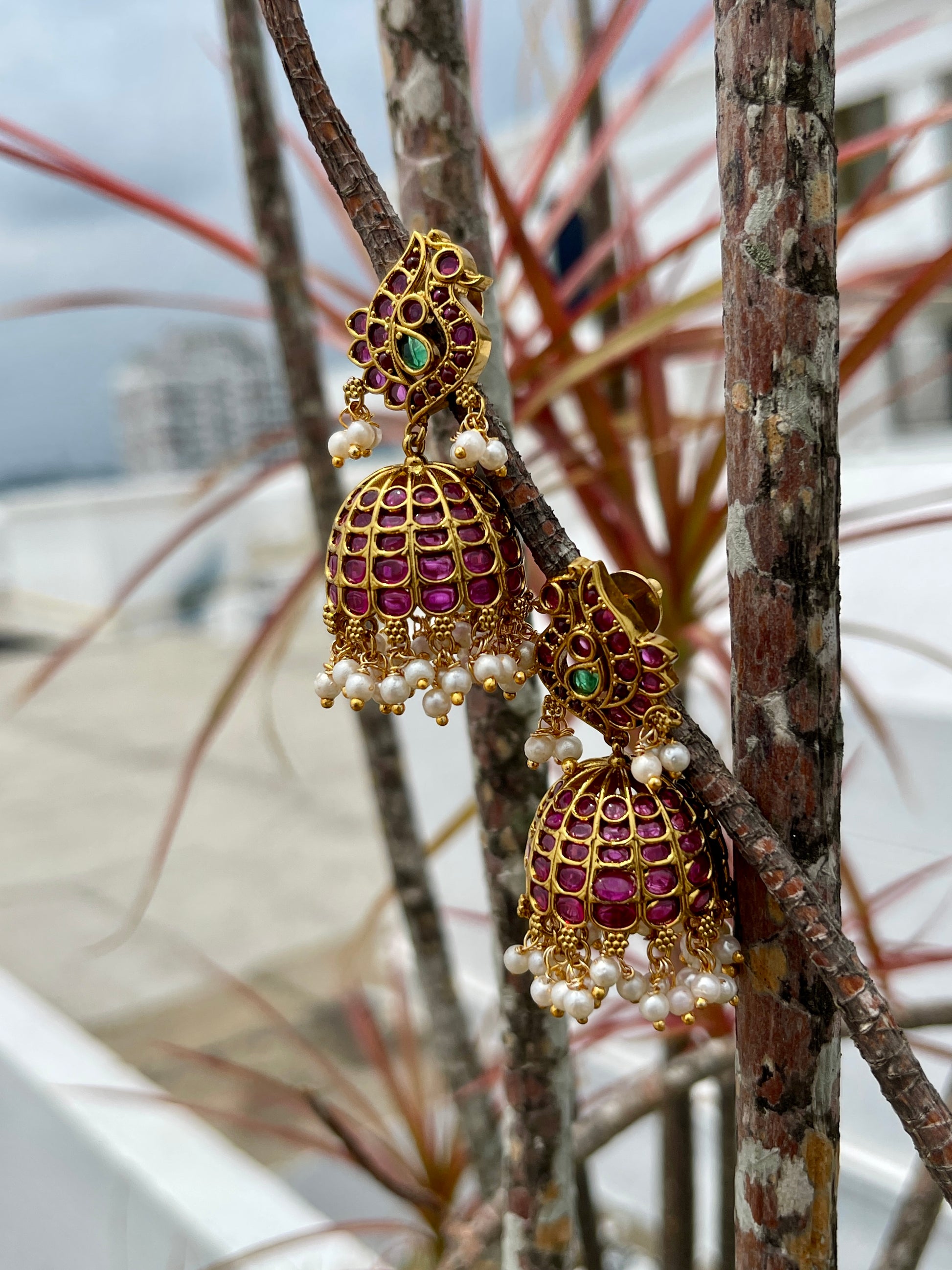 Matte Finish Peacock Kemp Jhumkas