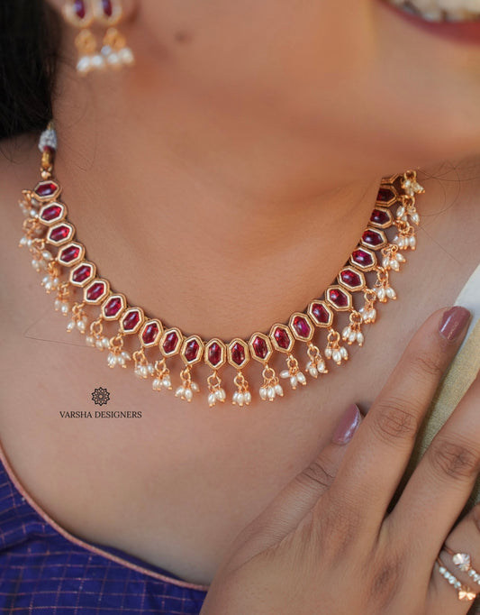 Matte Finish Ruby Rice Pearl Necklace