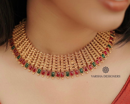 Matte Finish Ruby and Green Stone Necklace