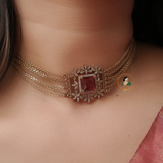Multi Layer Chain with Ruby Pendant Choker Set