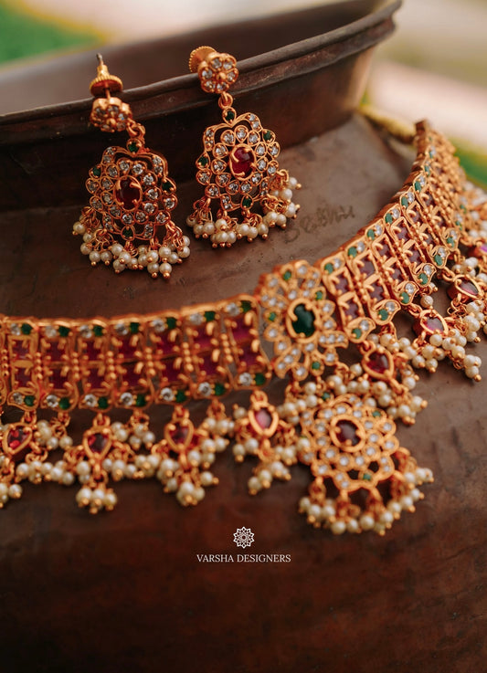 Multistone Gold Finish Stone Choker Set