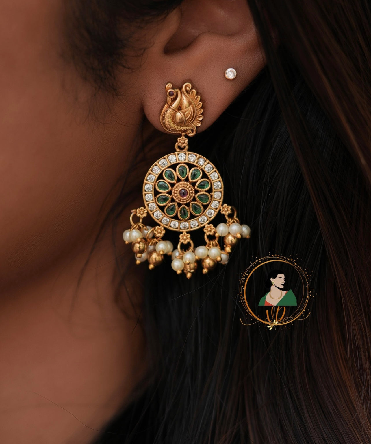 Peacock Stud Earrings with Pearl Drops