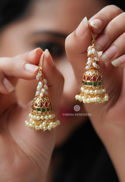 Rice Pearl Kemp Stone Jhumkas