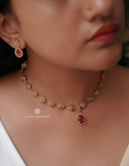 Ruby Teardrop White Stone Necklace Set