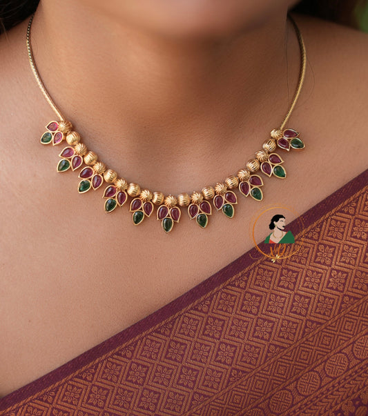 Simple Ruby & Green Stone Leaf Necklace
