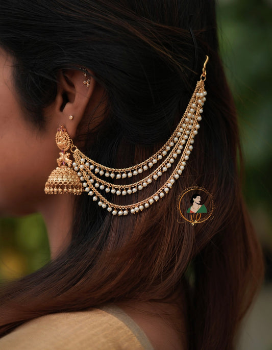 Temple Jhumkas with Pearl Ear Chain